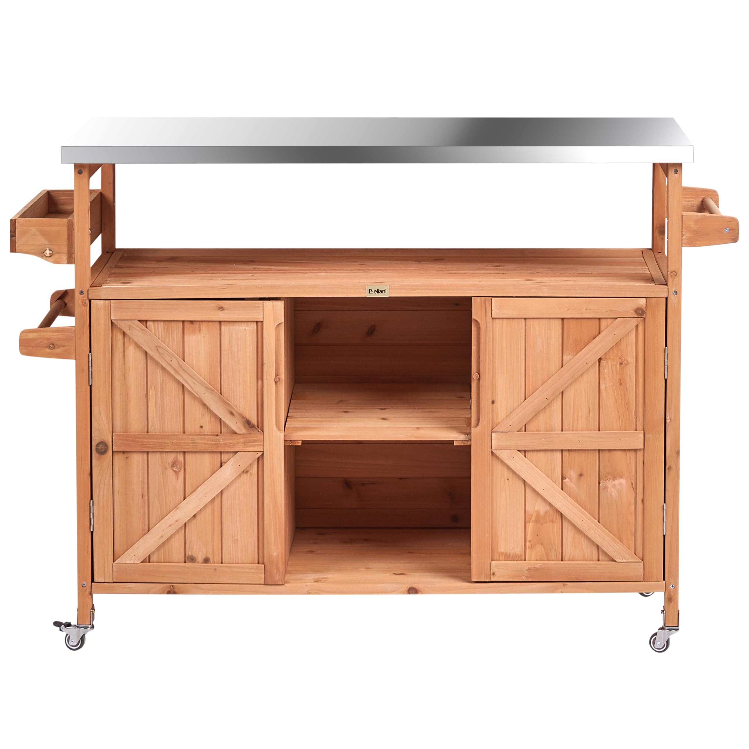 Beliani Outdoor Kücheninsel Tannenholz Edelstahl Hellbraun Rollen 128x47x85 cm Scanno