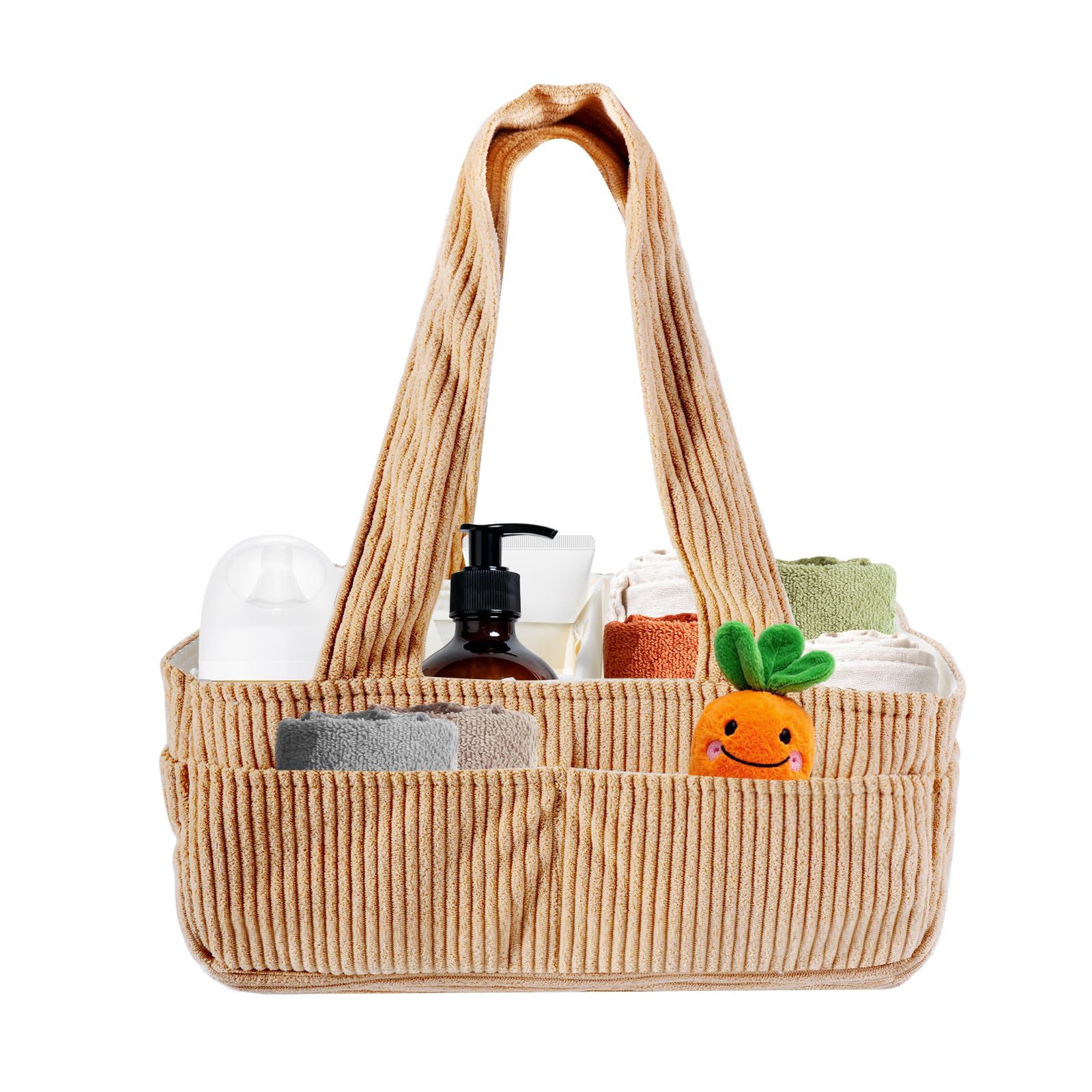 BREEZENEST Corduroy Baby Diaper Caddy Organizer – Large Nappy Basket with Removable Dividers, Portable Nursery Storage Organizer for Newborn Essentials (khaki)