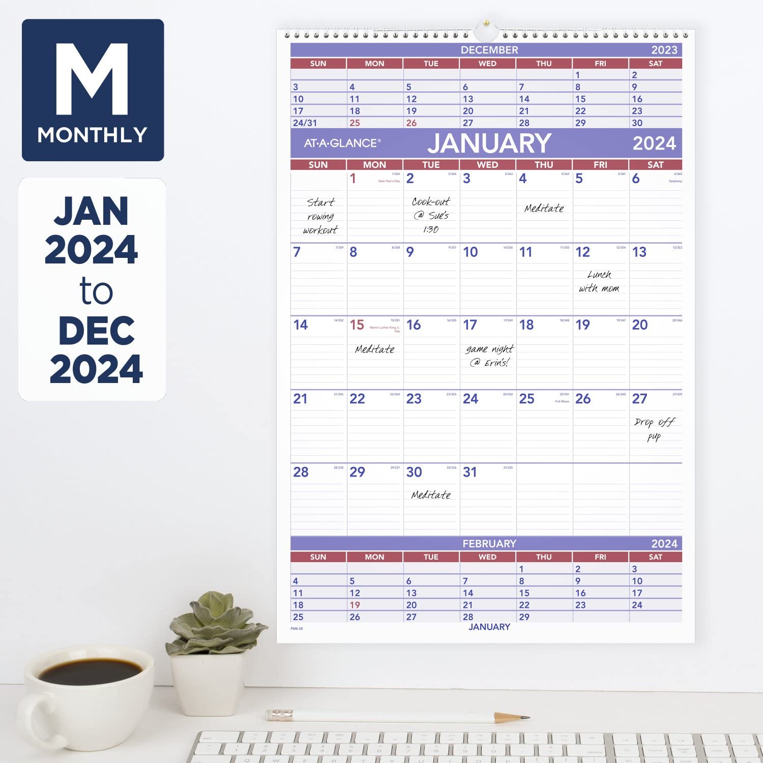 AT-A-GLANCE Calendario da parete 2024, 39 x 56 cm, grande, 3 mesi, rilegatura a spirale (PM62824)
