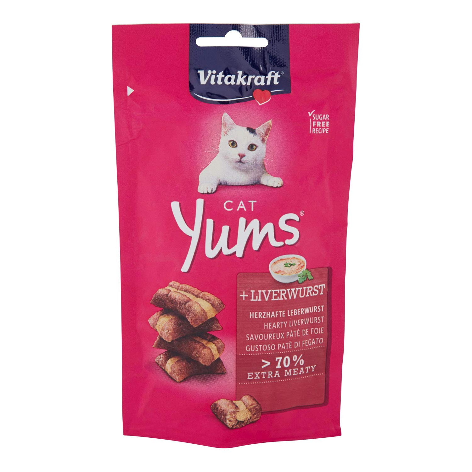 Vitakraft Cat Yums, przekąska dla kota z serdeczną kiełbasą wątrobową, ekstra mięsista, z widocznym wypełnieniem, w zamykanym woreczku, bez dodatku cukru i zbóż (1 x 40 g)