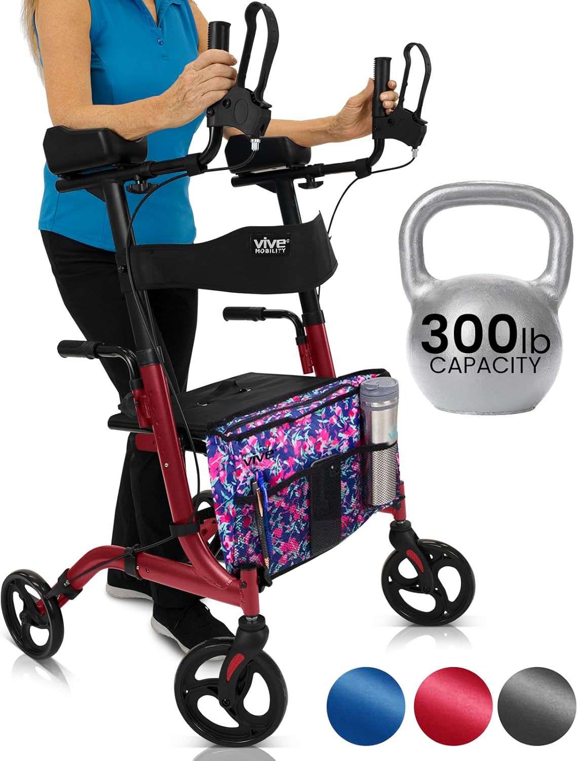 Vive Mobility Upright Walker with Seat, for Seniors, Women - Stand Up Rollator, Arm Rests, Heavy Duty, Folding Medical Aid Scooter for Elderly, Seniors - Walking Foldable Assist (Red, Floral Bag)