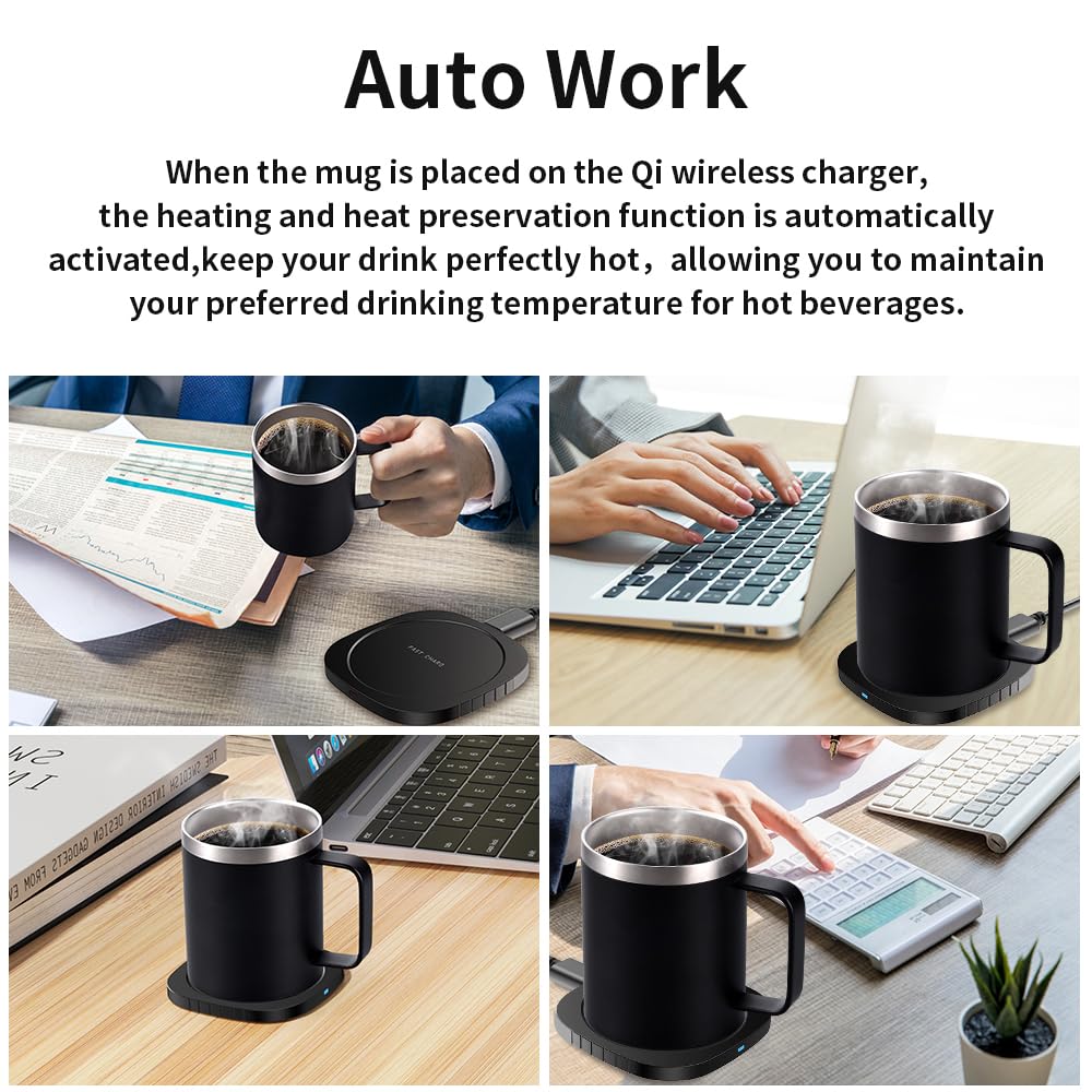 HUIOP calentador de tazas,Calentador de tazas de café 2 en 1 y cargador inalámbrico con taza y tapa 131.0 °F/131 ℉ Temperatura constante inteligente 10.5 oz Calentador de tazas de bebidas de acero ino