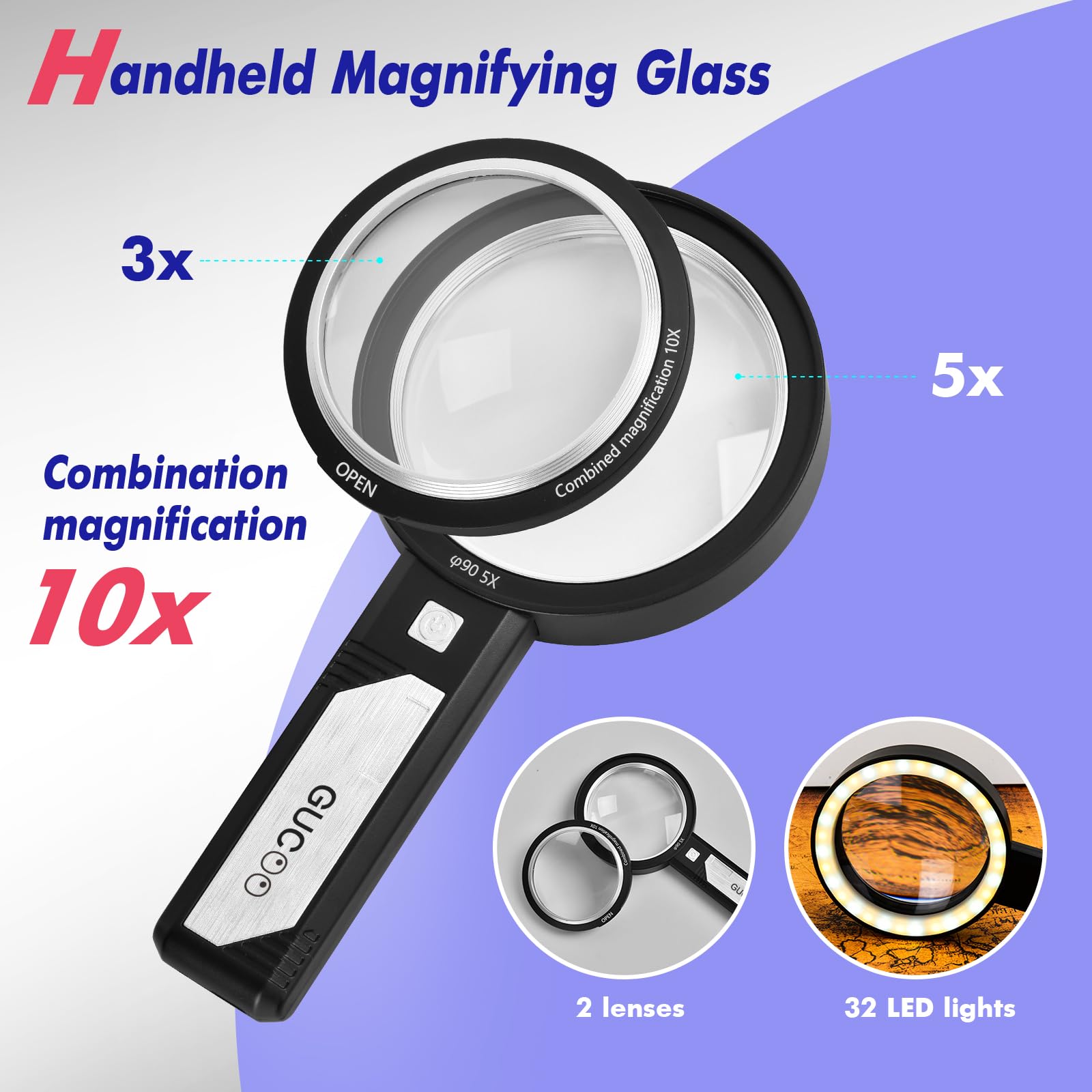 Lupa con luz para trabajo cercano, lupa iluminada de mano 5X 10X para leer joyero senior 32 LED iluminado pequeña lente de mano portátil para joyería carga negra