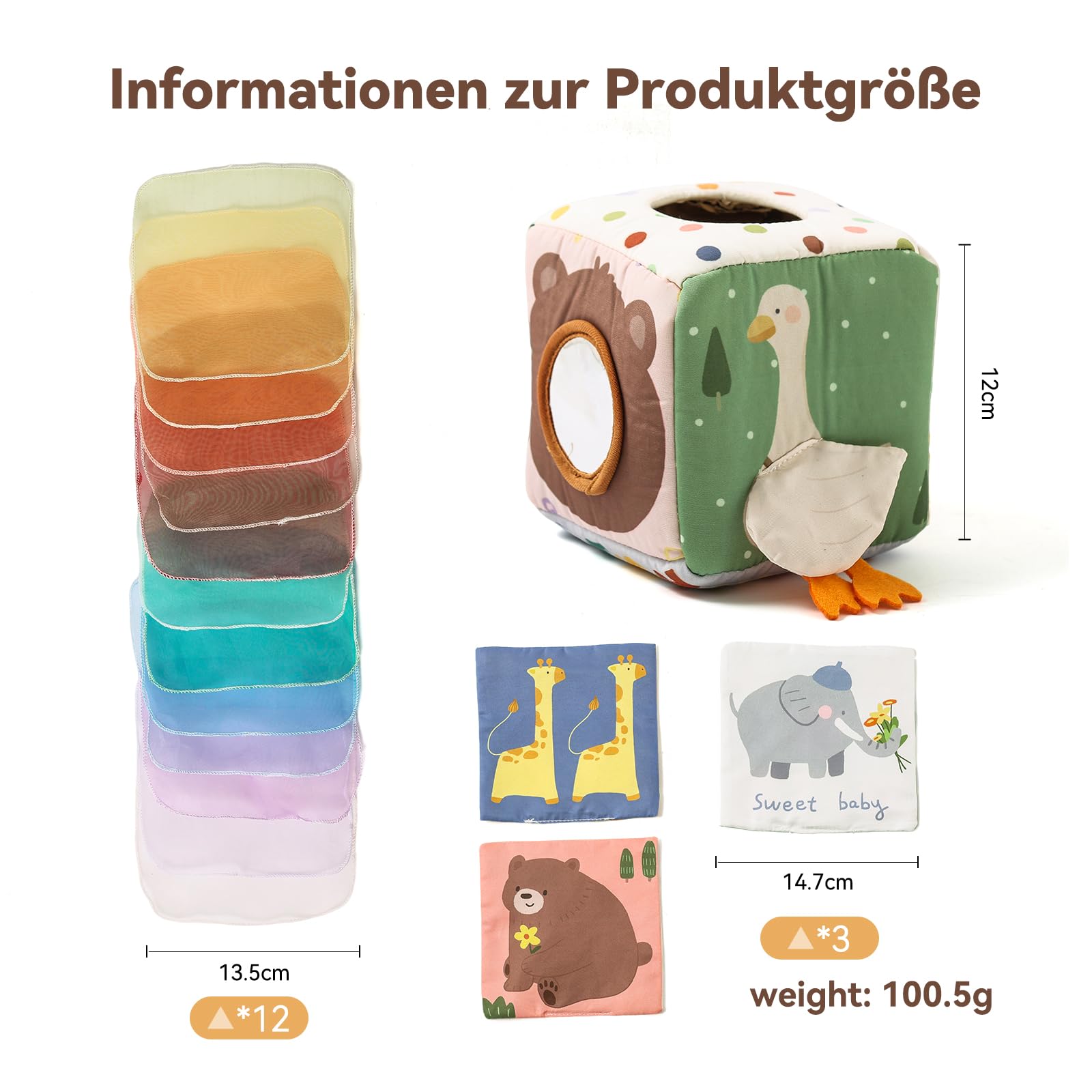 Boîte à Mouchoirs Sensorielle Montessori pour Bébé 0-12 Mois avec Miroir et Foulards