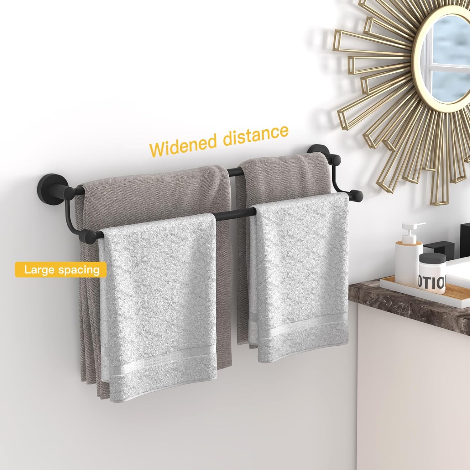 BESy Adjustable 16-26 Inches Double Bath Towel Bar for Bathroom SUS304 Stainless Steel Towel Holder Adhesive or Screw Toilet Paper Holder Wall Mount Rustproof Modern Roll Holder Flexible Pivoting