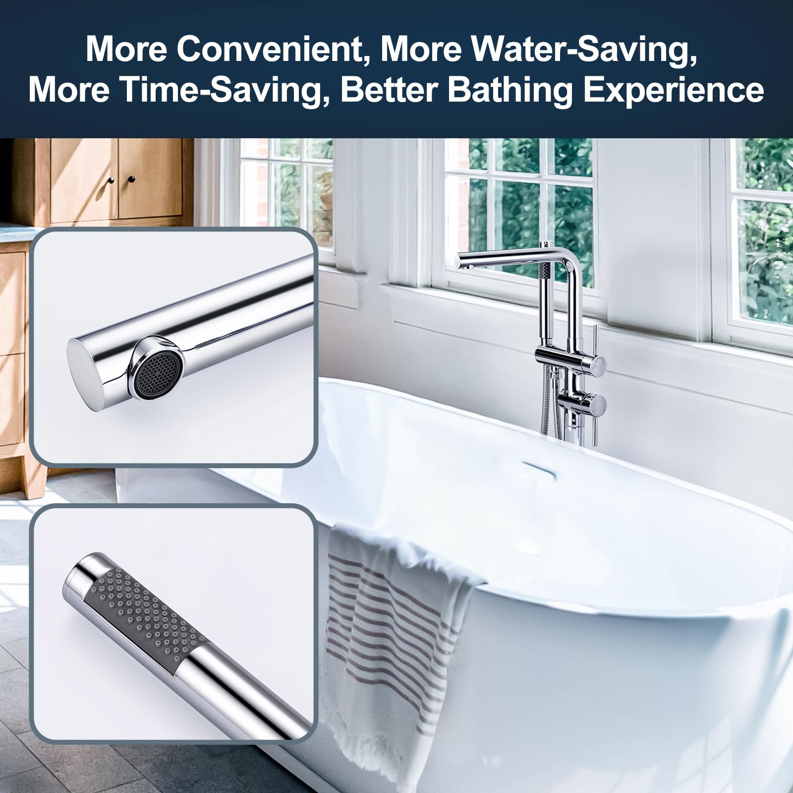 ARCORA Rubinetto Vasca a Pavimento con Doccetta, Miscelatore Vasca a Pavimento, Girevole 360°, Ottone Massiccio e Acciaio Inox, Cartuccia Ceramica, per Vasca Freestanding, Cromato