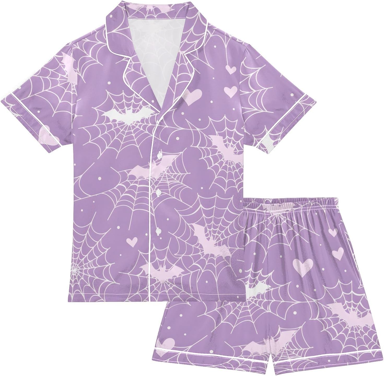 Kids Satin Wear Set White Spider Web Heart Bat Pattern Relaxed Fit Clothing Short Sleeve and Shorts