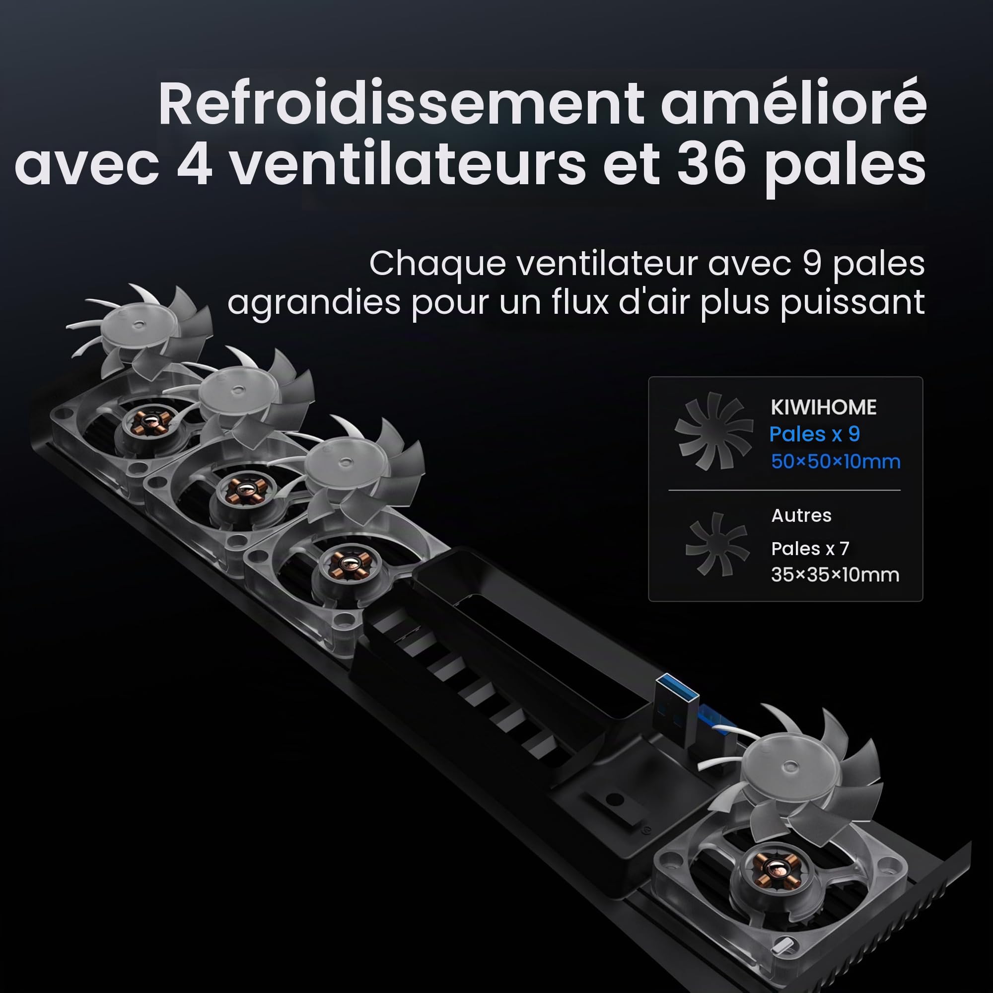 KIWIHOME Ventilateur pour PS5 Pro, 4 Ventilateurs à 36 Pales, Vitesse Auto | Convient à la PS5 Pro 2024 avec trois lignes horizontales sur le panneau latéral. Non compatible avec PS5 2020 ou Slim 2023