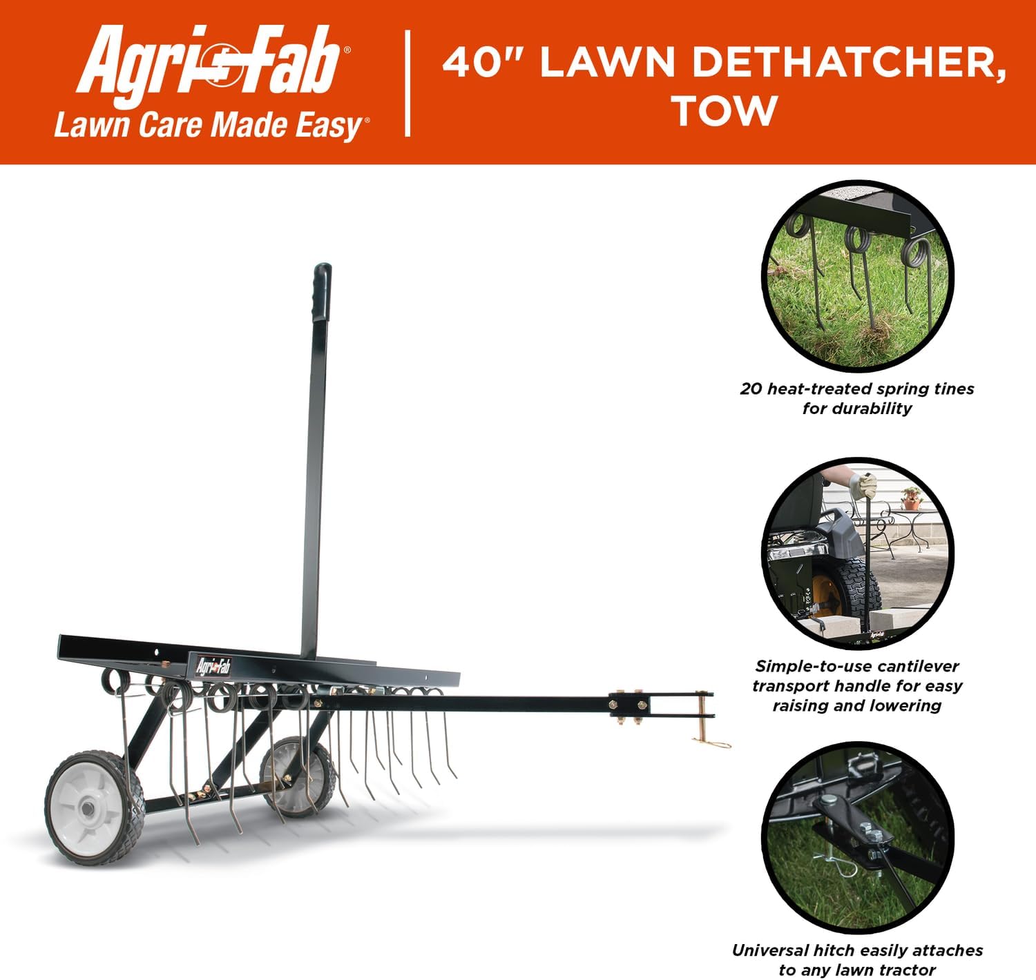 Agri-Fab 45-0294 40in Tow Behind Lawn Dethatcher, 20 Durable Spring Steel Tines Lawn dethatcher, Designed to pull behind Lawn and Garden Tractors, Black