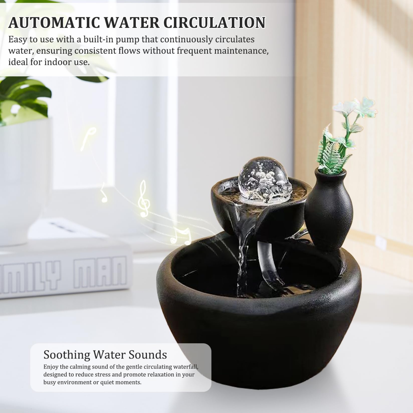 Mini Fontana da Tavolo a circolazione Automatica con Sfera di e Vaso Piccolo, Cascata Interna in Ceramica per Ufficio, casa, Meditazione, Relax