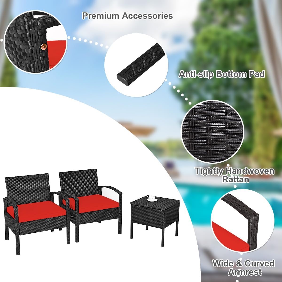 DORTALA 3 Piece Wicker Patio Furniture Set, Outdoor Conversation Bistro Sets with Rattan Chairs & Storage Coffee Table for Garden Poolside Balcony, Red
