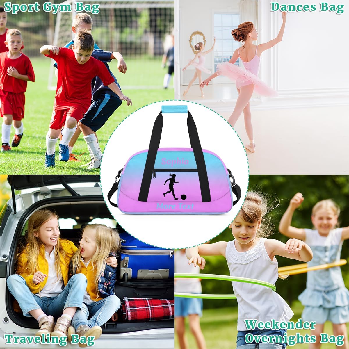 Personalized Sport Duffle Bag for Girls, Custom Kids Gym Bag with Name, Fit School Practice, or Overnight Weekender Travel Pink Soccer - Image 7