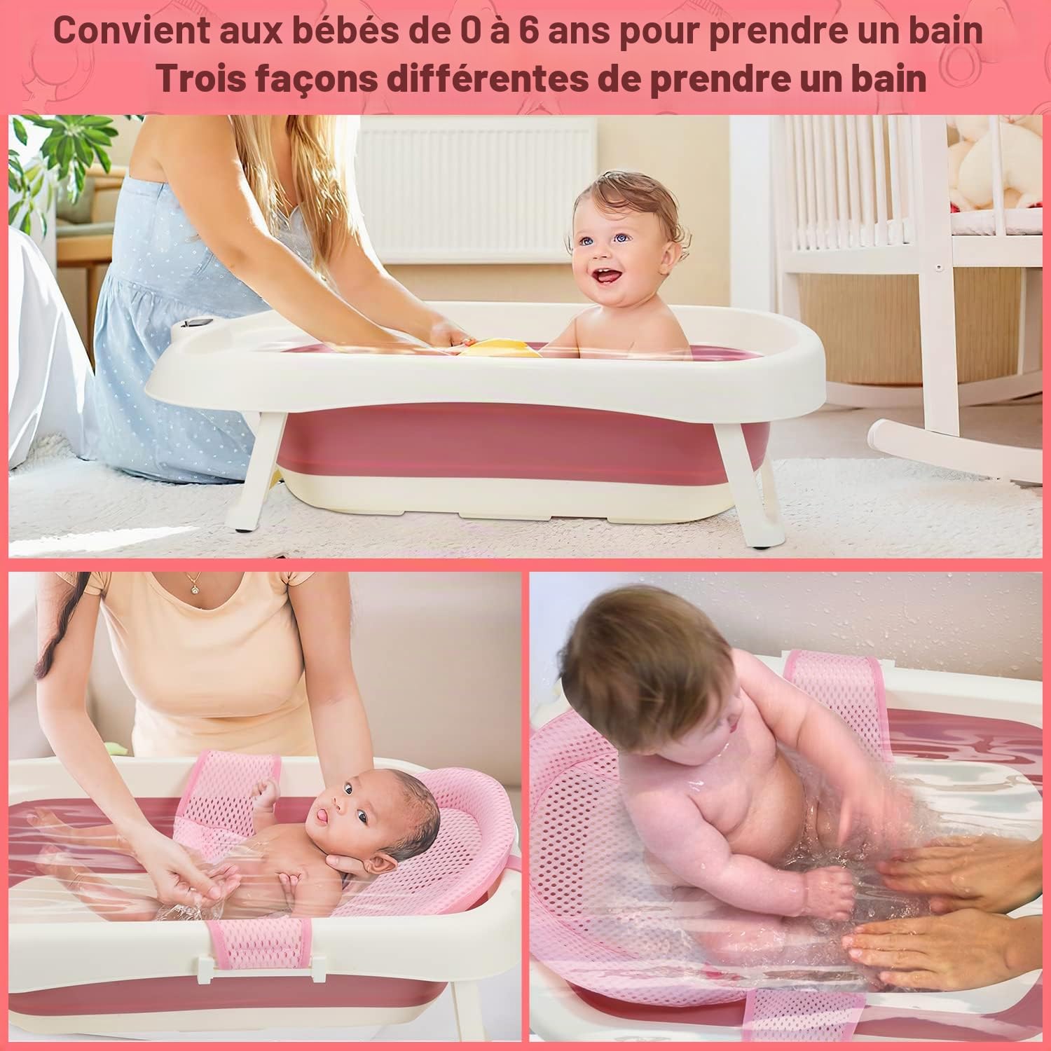 Sonnewelt Baignoire pour bébé, pliable, avec thermomètre, tapis de bain et gobelet de toilette pour cheveux, pour nouveau-né à partir de 0 à 3 ans, rose