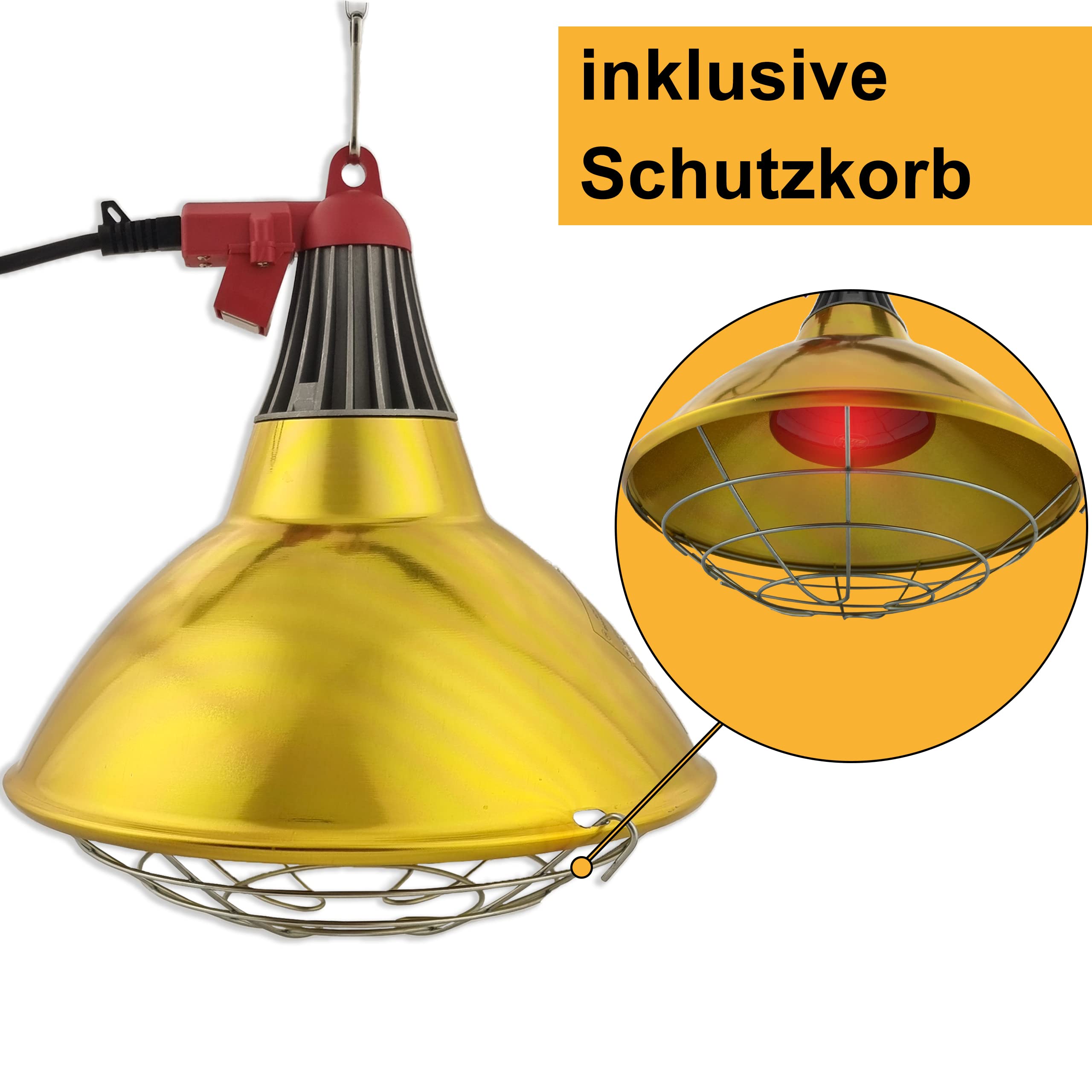 XXL Wärmestrahler 30 ⌀ Durchmesser mit Dimmer | 5 meter Kabel mit Infrarotlampe | Set 150 W Rotlichtlampe Wärmelampe E27 | Ferkellampe, Kückenlampe, Wärmelampe Tiere Hühner Infrarot Heizstrahler