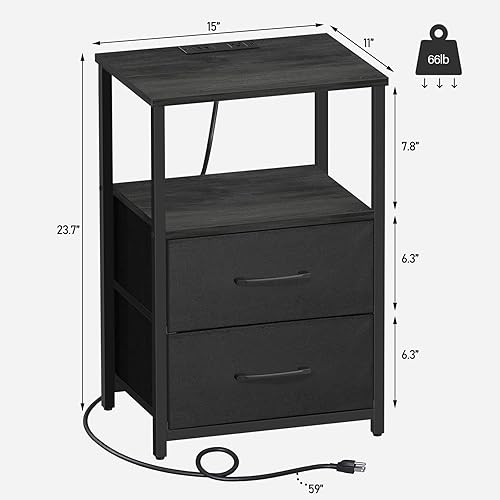 Miniatura 3 de TUTOTAK Mesa auxiliar con estación de carga, mesa auxiliar con 2 puertos USB y tomacorrientes, mesita de noche con cajón de tela, juego de 2, mesa