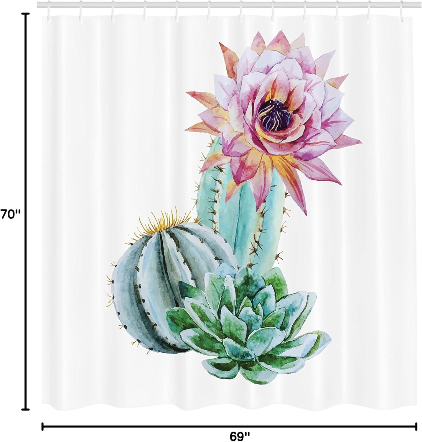 Ambesonne Cactus Shower Curtain, Cactus Spikes Flower in Hot Mexican Desert Sand Botanical Natural Image, Cloth Fabric Bathroom Decor Set with Hooks, 69" W x 70" L, Pink Green and Blue