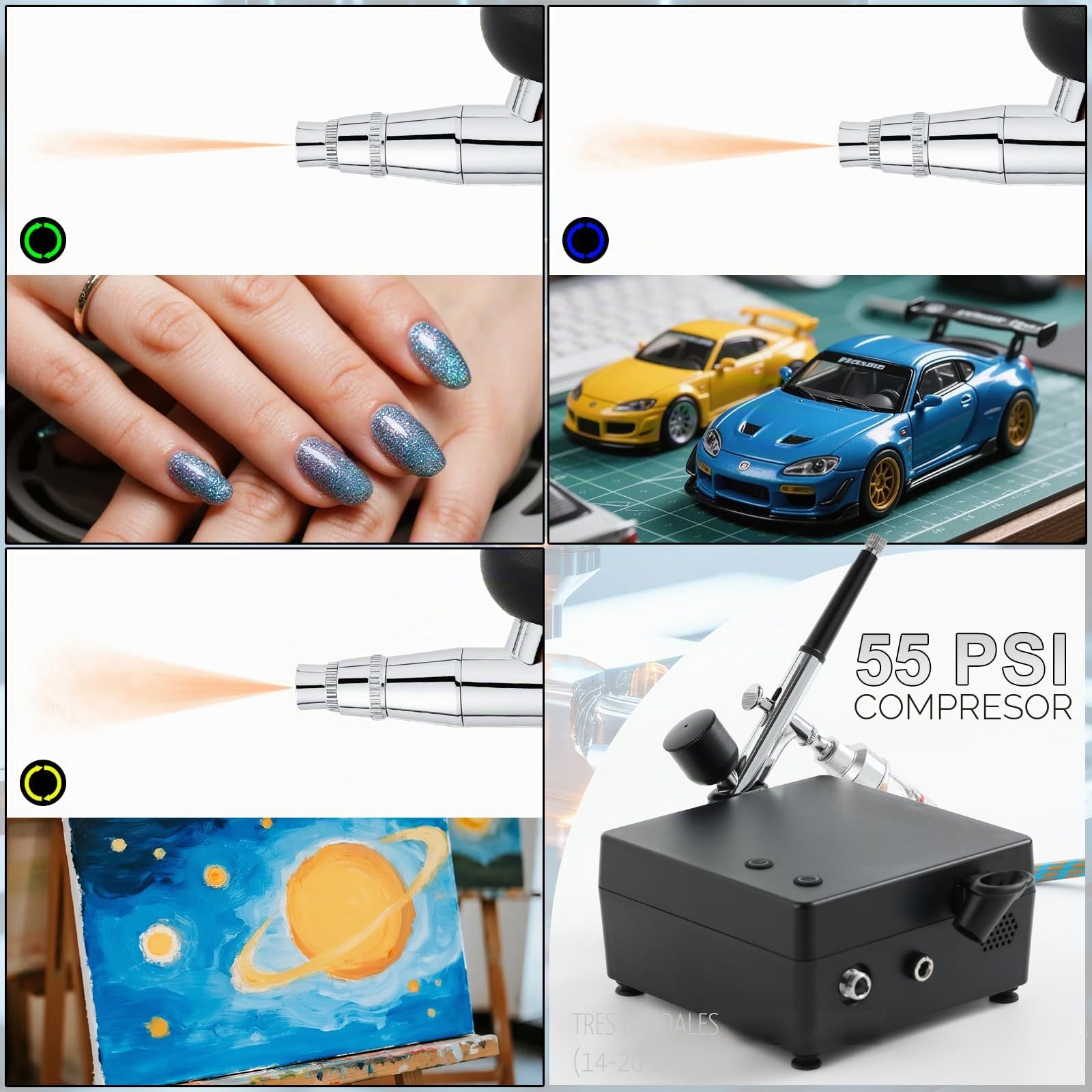Roizefar Aerógrafo con Compresor 55 PSI, Kit de Aerógrafo con 4×100 ml Limpiador, Boquillas 0.2/0.3/0.5 mm y Cepillos de Limpieza, Set de Aerógrafo para Pintura, Modelismo, Nail Art y Maquillaje