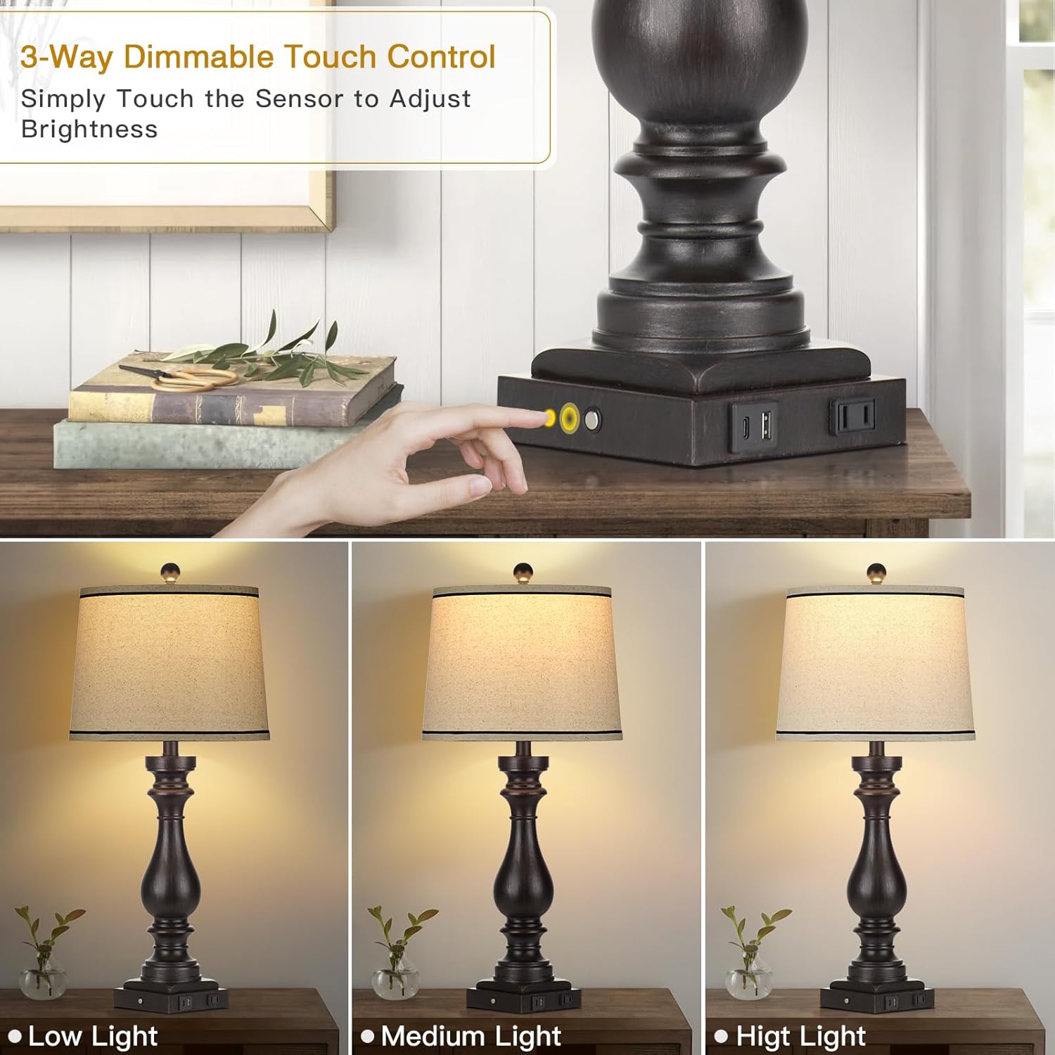 Rinweey 29" Farmhouse Table Lamp for Living Room,Vintage Bedside Nightstand Lamp with USB C+A Ports & AC Outlet,3-Way Dimmable Touch Control Retro Black Desk Lamp for Bedroom,Single Black