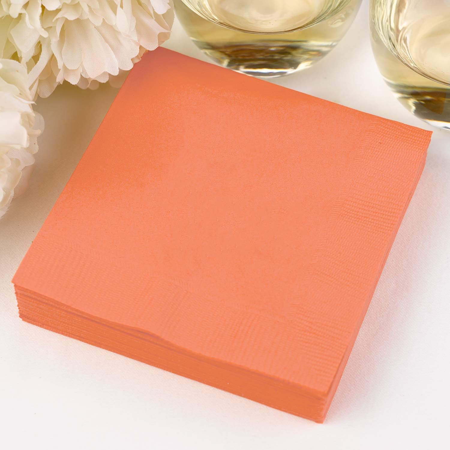 Coral Beverage Napkins / 100 Count Blank Salmon 3 Ply Cocktail Napkins / 4 3/4" x 4 3/4" Square Peach Pink Plain Party Napkins