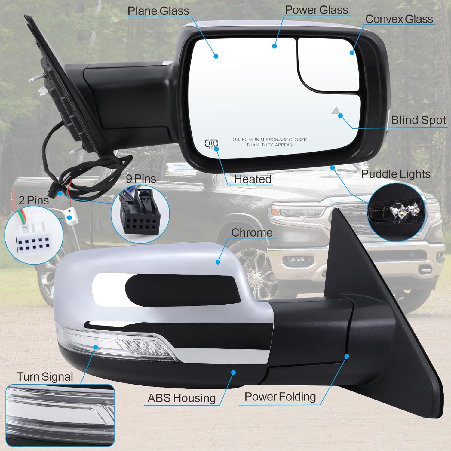 right passenger side mirror fits 2019 2020 2021 2022 2023 2024 2025 ram 1500 with power folding power glass heated turn signal puddle light blind spot chrome replace#68276502ah(9+2pins) r-9+2 chrome