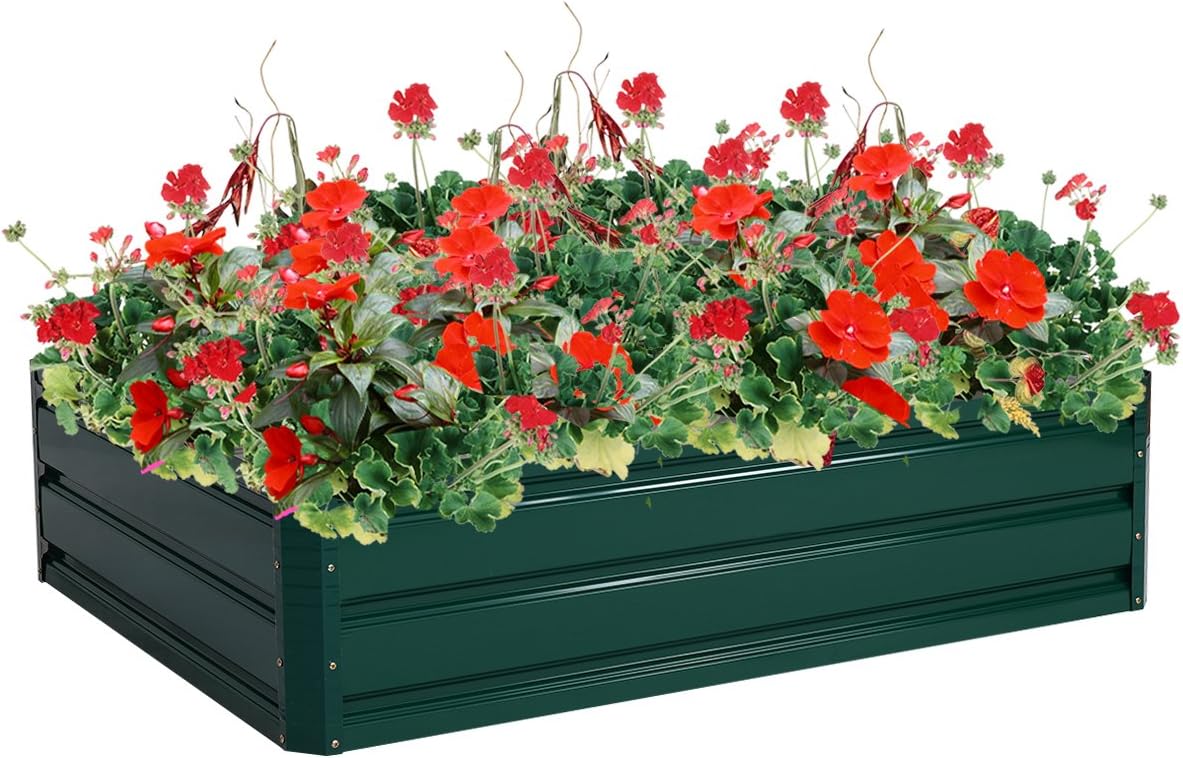 Giantex Patio Raised Garden Bed Vegetable Flower Planter Metal Plant Box Dark Green (47" Lx35.5 Wx12.0 H)