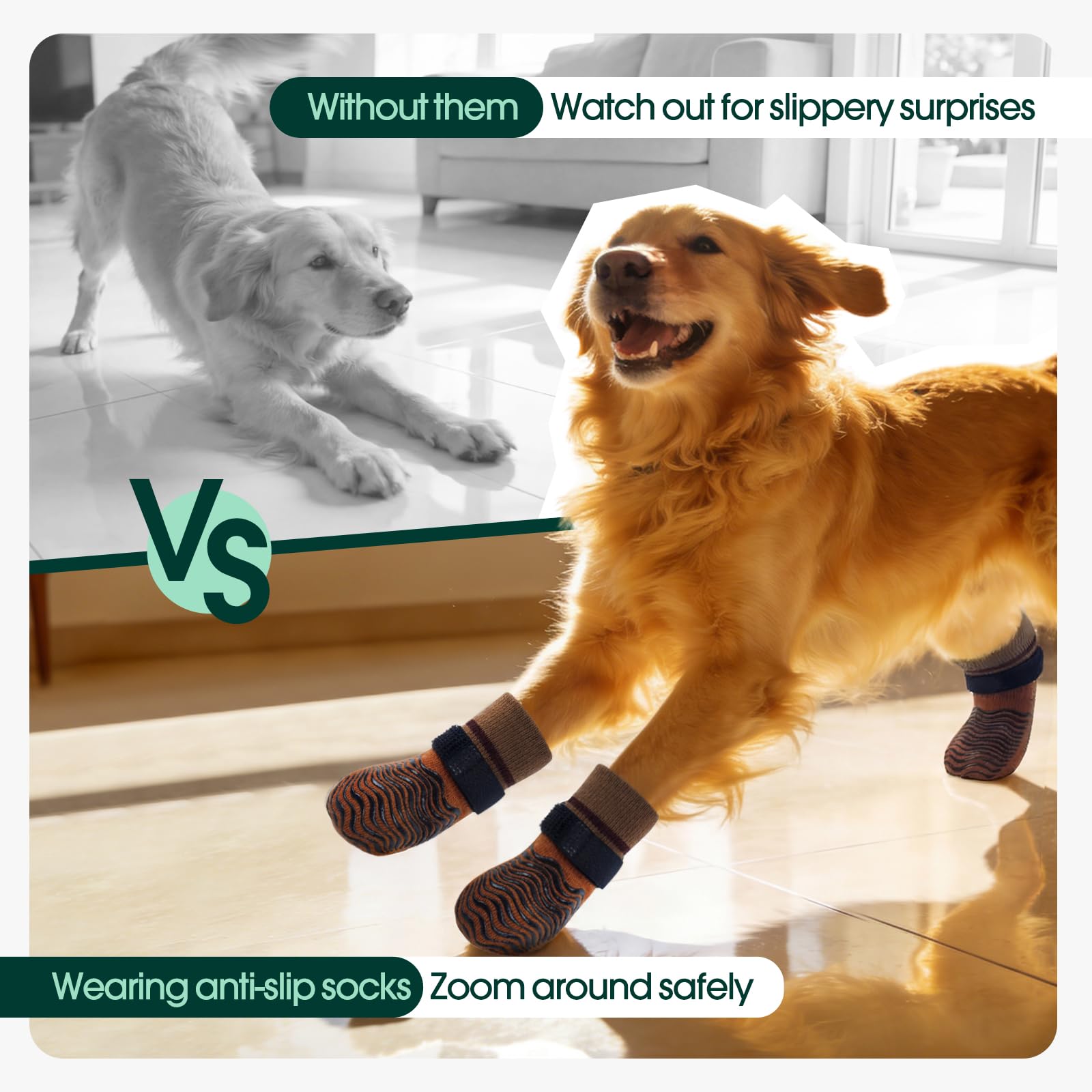 Kuoser Non Slip Dog Socks for Hardwood Floors, Anti-Slip Dog Grippy Socks to Prevent Licking Paws, Double-Sided Traction Dogs Booties Paw Protectors for Small Medium Large Senior Dogs, 4 Pack-Brown S — view 3