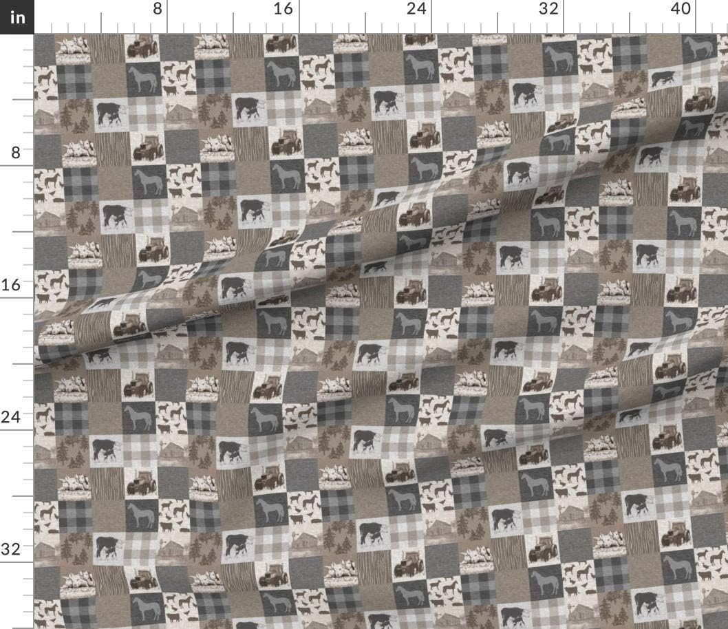 Spoonflower Fabric - Old Farm Quilt Soft Brown Grey Cows Tractor Printed on Petal Signature Cotton Fabric by The Yard - Sewing Quilting Apparel Crafts Decor