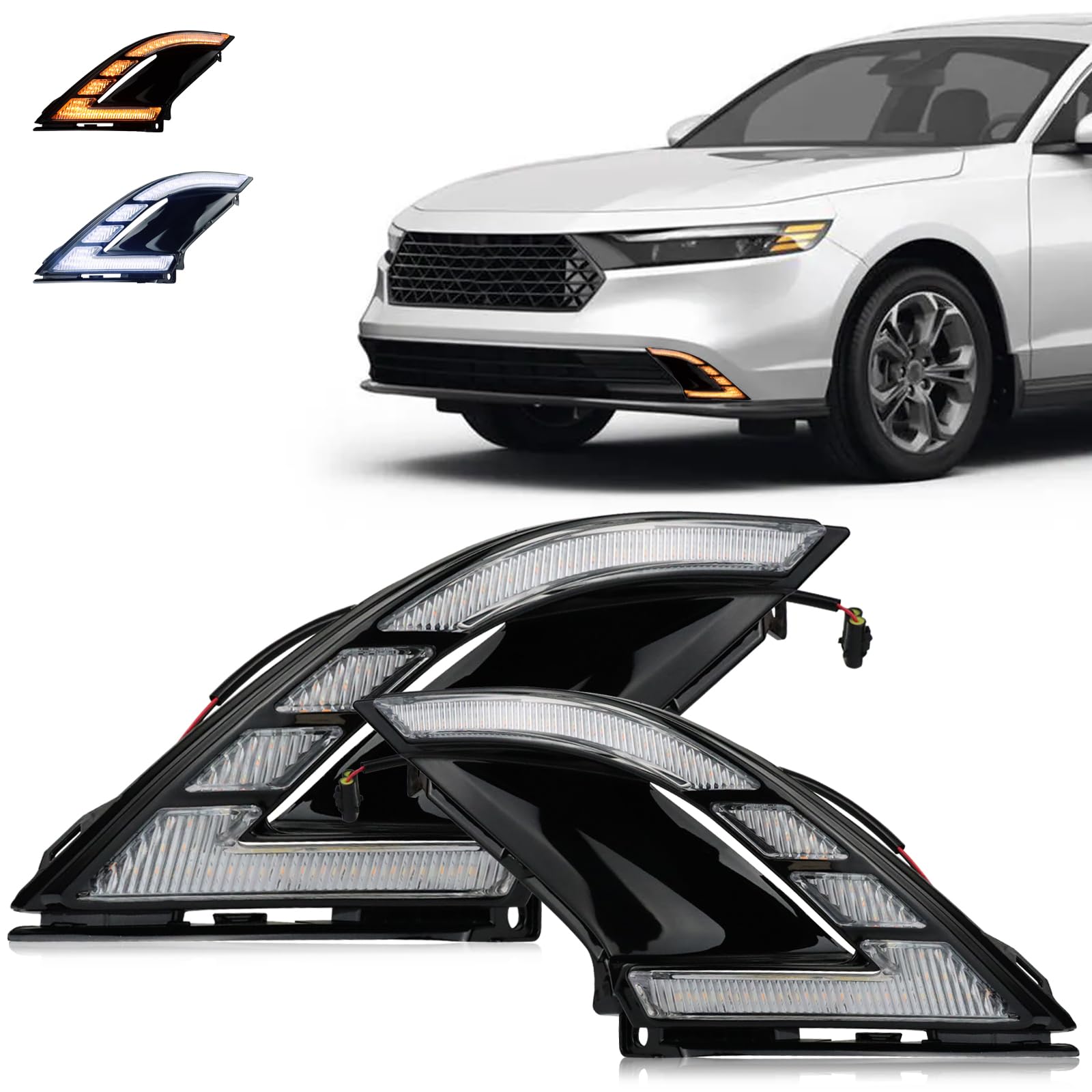 Switchback White/Amber LED Front Bumper Fog Daytime Running Lamp Flash LED Turn Signal Feature Compatible With Honda Accord 2023 2024 LX EX Sport Hybrid Functions 3-In-1 Kit (FRONT FOG)