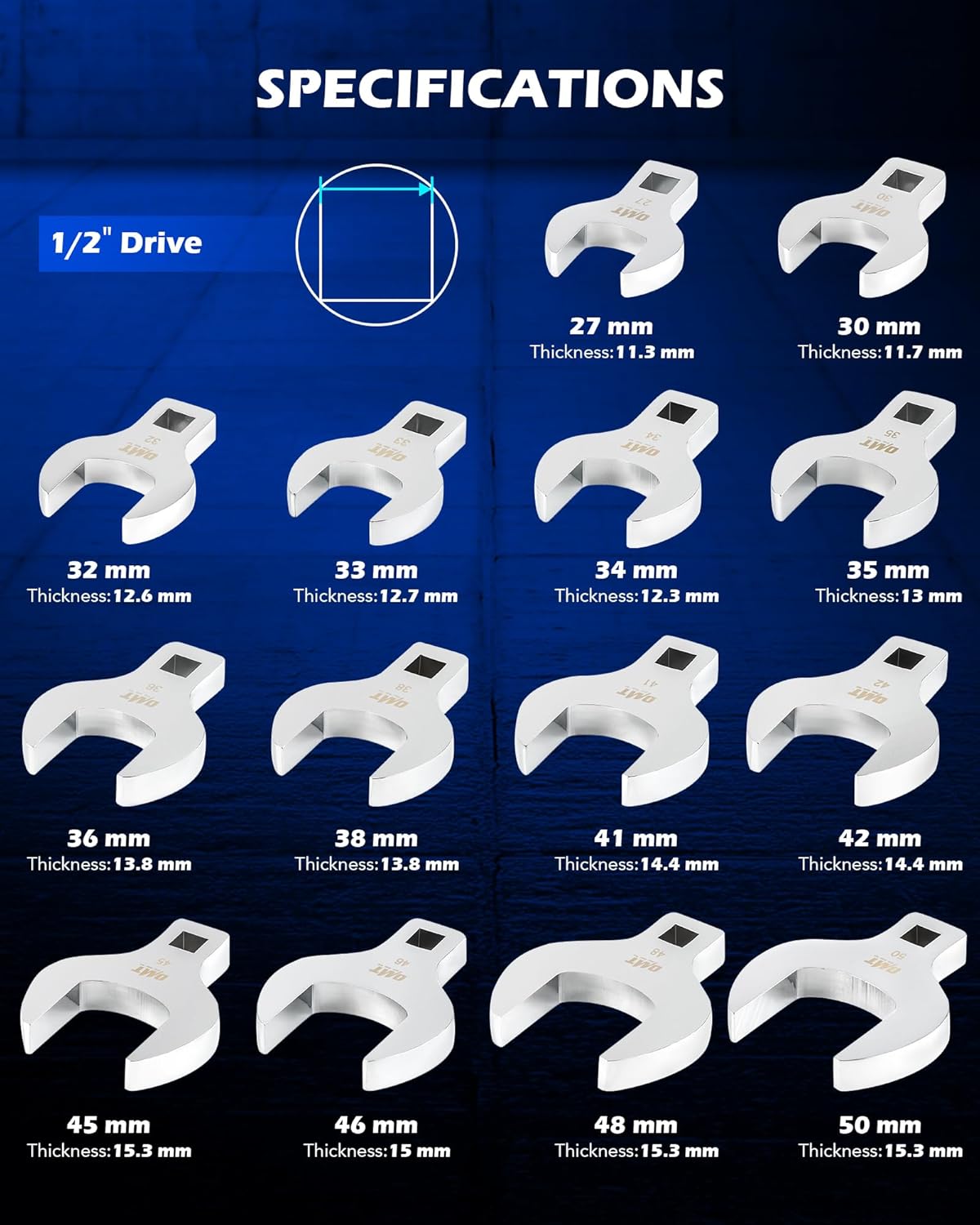 Orion Motor Tech 14pc Jumbo Crowfoot Wrench Set, Metric Crows Foot Wrench Set for 27 to 50 mm Flare Nuts, Chrome Plated Cr-V Steel Crowfoot Wrenches for 1/2" Drive Rachet & Extender with Storage Case