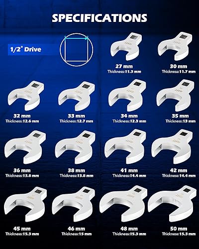 Miniatura 3 de Orion Motor Tech Juego de 14 llaves de pata de gallo jumbo, juego de llaves métricas de pie de cuervo para tuercas de 27 a 1.969 in, llaves de gallo