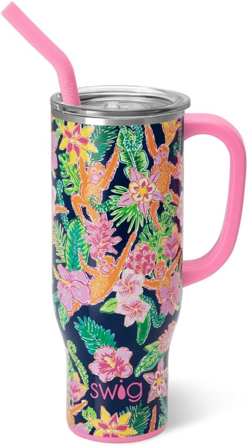 Swig Life 30oz Mega Mug, 30 oz Tumbler with Handle and Straw, Cup Holder Friendly, Dishwasher Safe, Extra Large Insulated Tumbler, Stainless Steel Water Bottle (Jungle Gym)