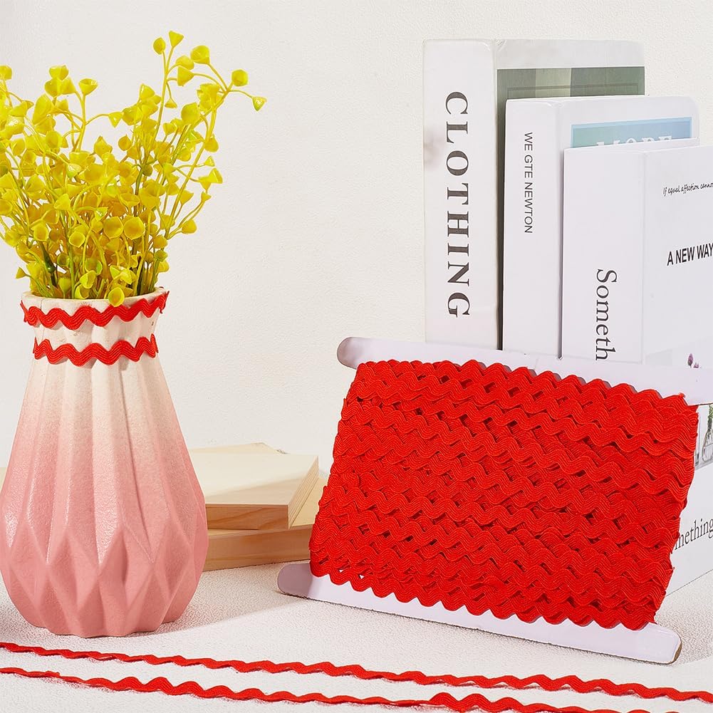 GORGECRAFT 50 Yards Rick Rack Trim for Sewing 3/8 Inch Red RIC Rac Sewing Rickrack Lace Wave Ribbon Zig Zag Wave Bending Lace Trim S Shaped Woven Braided Fabric for DIY Crafts Lace Party