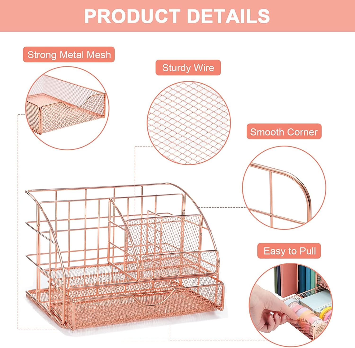 Rose Gold Desk Organizer for Women with Cellphone and Pen Stand Holder，Cute Mesh Office Supplies Accessories Essentials Caddy with Drawer for Home and Office Desktop Organization : Office Products