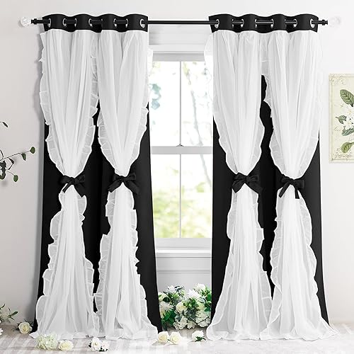 Vista 16 de PONY DANCE Cortinas decorativas para niñas, cortinas decorativas para niños, cortina de doble capa con volantes, superposición para oscurecer