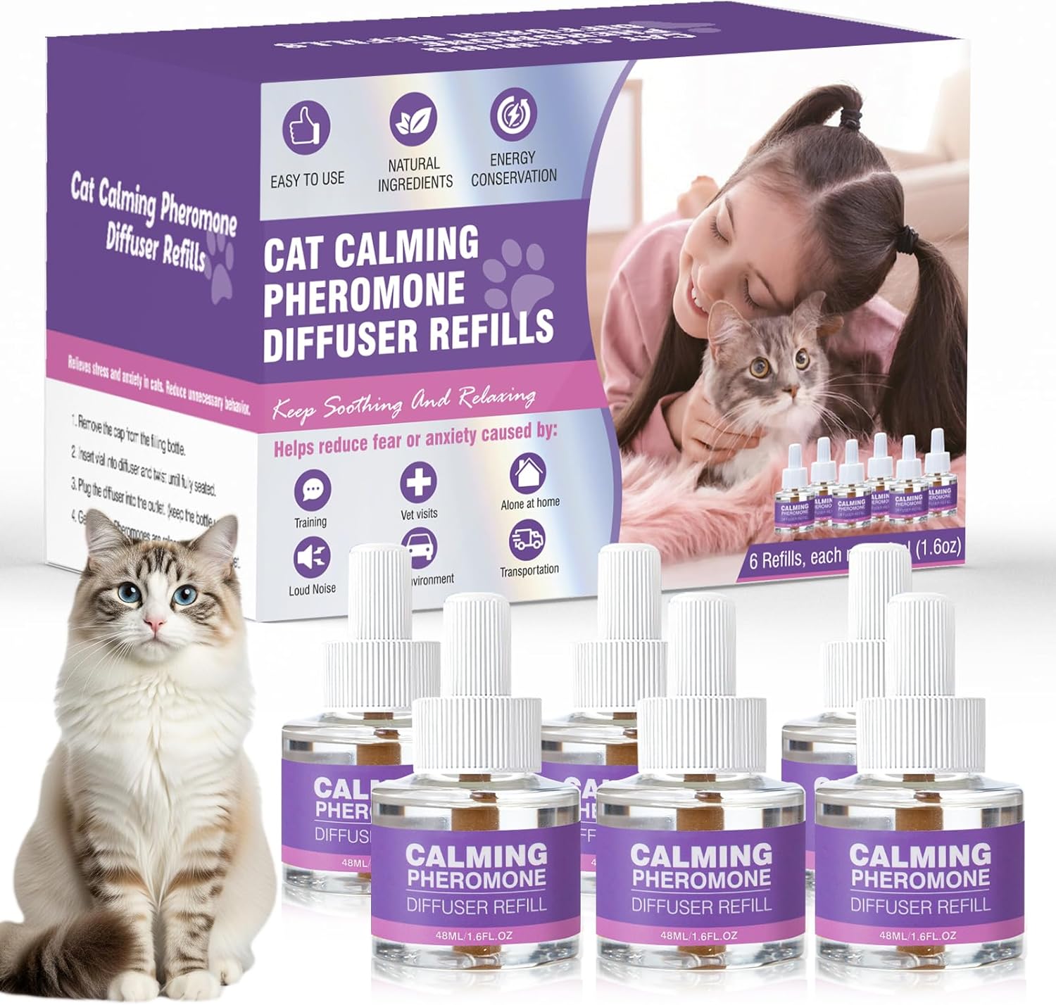 Cat Calming Diffuser Refills 6 Pack Multicat Pheromones Calming Diffuser Refill Relieve Anxiety Stress Reduce Spraying Fighting and Scratching for Cats Calm 48ml Fit Common Diffusers Plug in