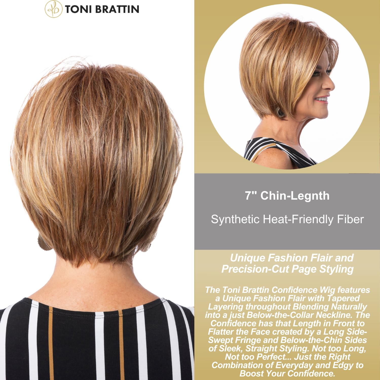 Toni Brattin Confidence Wig - Chin-Length with Tapered Layering & Precision-Cut Page Styling - Heat-Friednly Synthetic Fiber Looks & Feels Natural - Adjustable & Comfortable (Platinum, Plus)