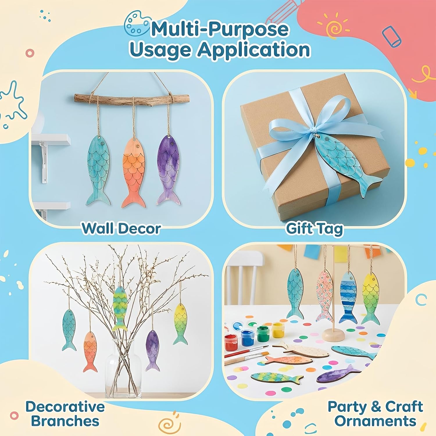 30 PCS Wooden Fish Cutouts, Unfinished Blank Wooden Fish Shaped Cut Out Decor Hanging Ornaments with Twine, Wood Cutouts for Wedding Birthday Ocean Animal Themed Party Decoration