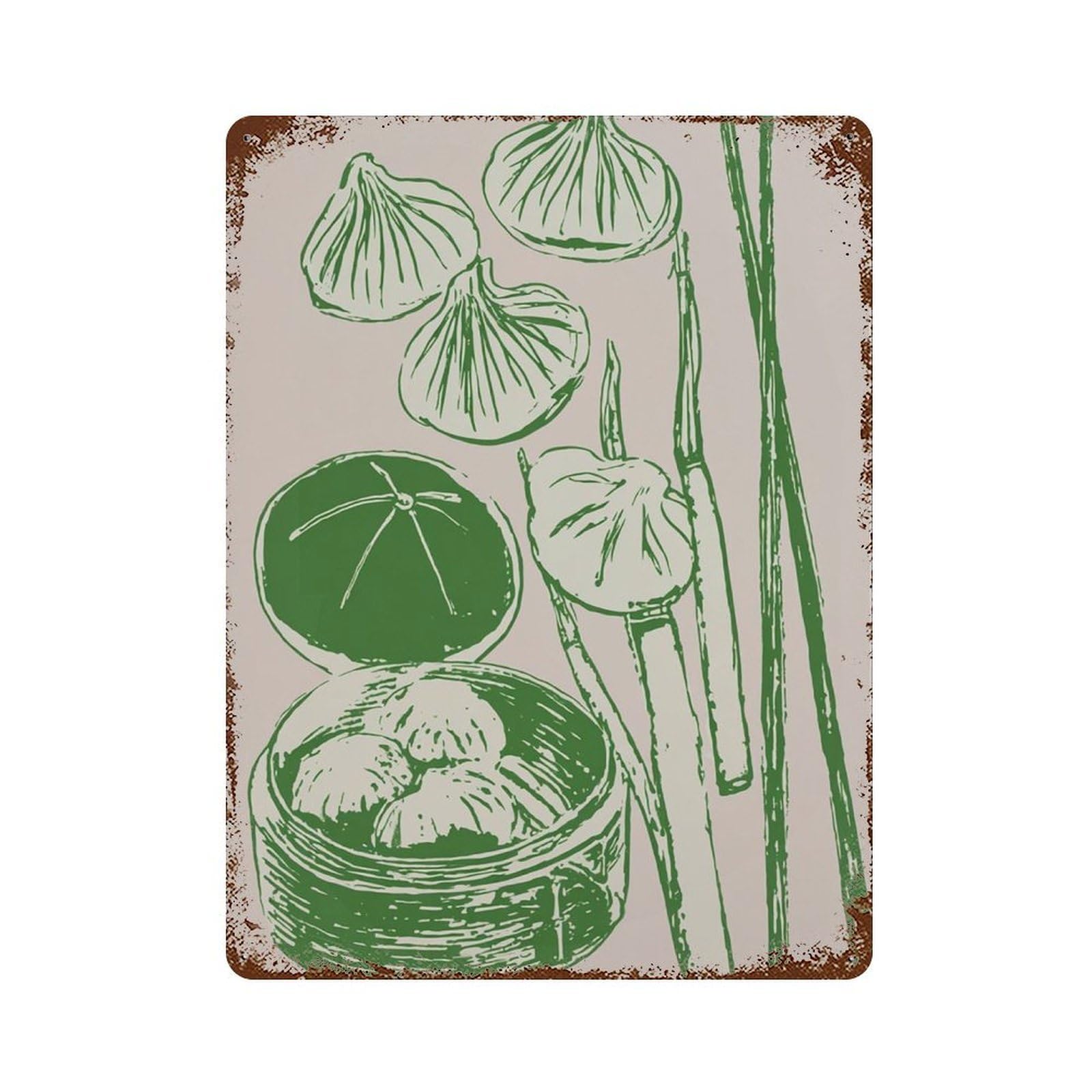 xiaoxiaoshen Dumpling Pink Green Kitchen Asian Food Minimalist Linocut Wall Decor Art Metal Tin Poster Modern Home Decor Art Home Bar Shop Decorations Vintage Sign 40x30cm