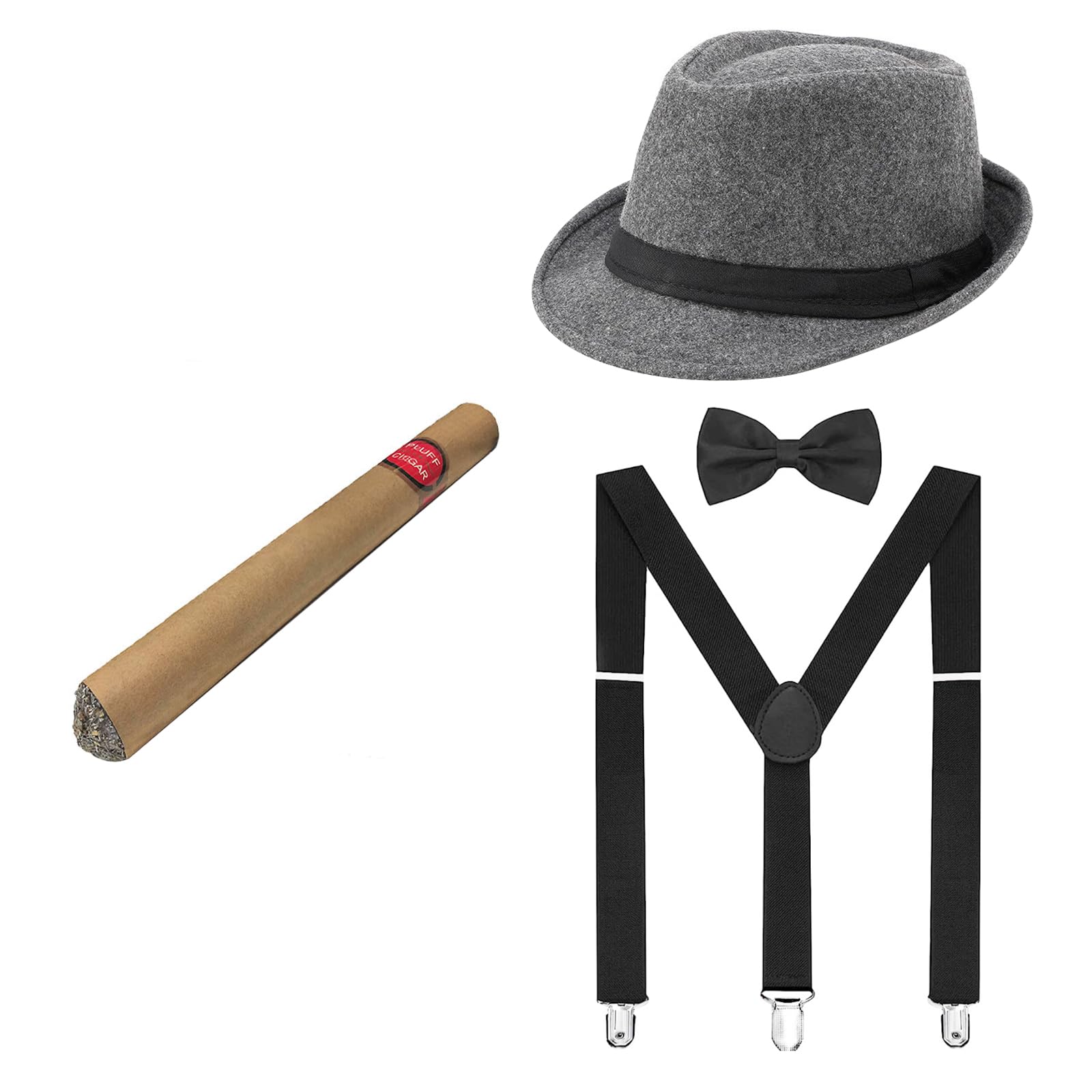 4Pcs Men's 1920s Costume Accessories Set Vintage Gentleman Gangster Fedora Beret Hat Bow Tie Suspenders Fake Cigar Set Halloween Roaring 20s Fancy Dress Party Mardi Gras Costume Outfits Supplies