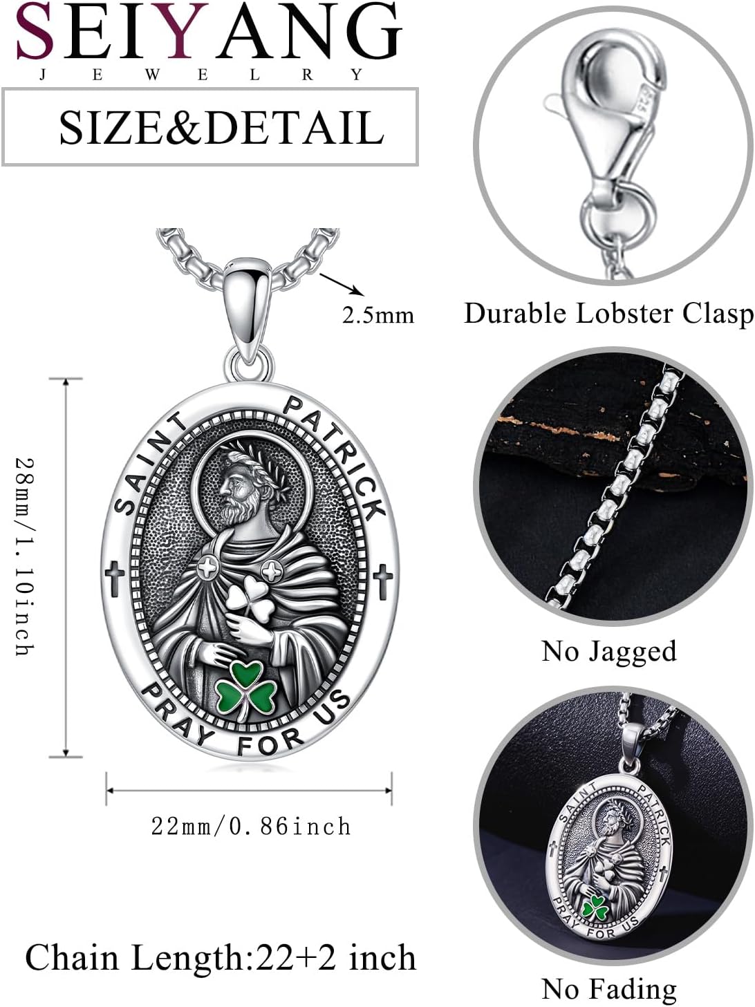 Seiyang Saint Necklace 925 Sterling Silver Patron Amulet Medal Jewelry for Men Women (with Gift Box)