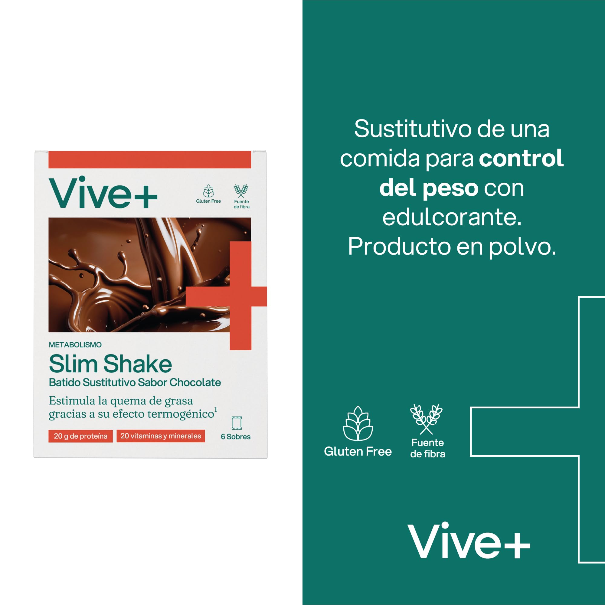 Vive+ Slim Shake Chocolate – Sobres de Sustitutivo de Comida con 20 g Proteína, 20 Vitaminas y Minerales, Fibra, Guaraná y Té Verde – Control de Peso, Saciedad y Termogénesis (Pack de 2-12 Sobres)