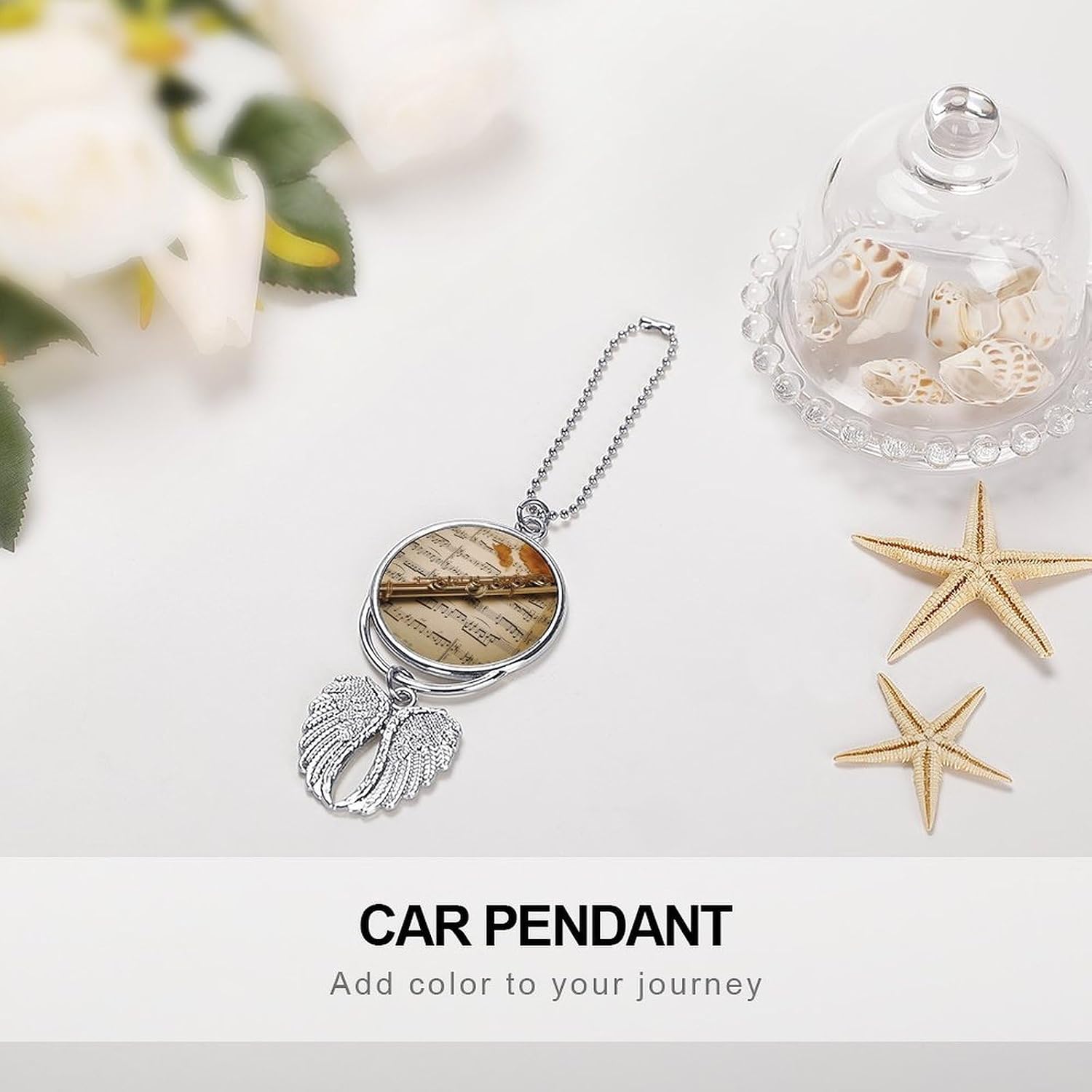 Car Charm Zinc Alloy Rearview Mirror Hanging Ornament Premium Metal Flute Music Car Pendant for Auto Interior Decor Accessories,Unique Gift for Adult,Silver-Style image 4