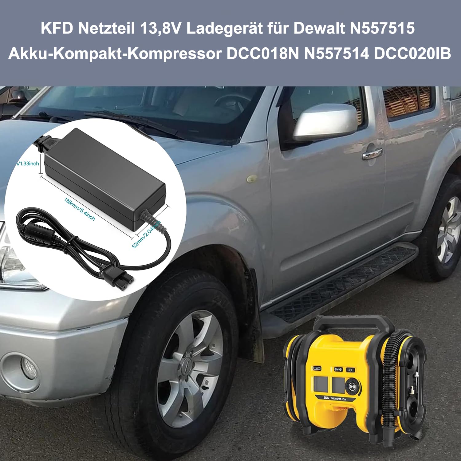 KFD Netzteil 13,8V Power Supply Ladegerät für Dewalt N557515 Akku-Kompakt-Kompressor DCC018N DCC018N-XJ N557514 DCC020IB Zubehör 20V Inflator Cordless Tire Inflator Air Compressor Netzadapter Charger