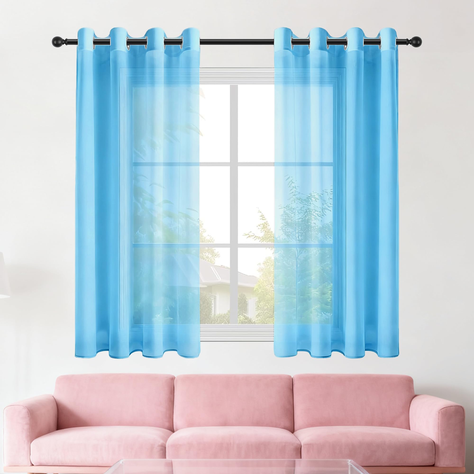 Rideaux voilages 300 x 305 cm transparent à oeillets bleu ciel grand voilage fenêtre et porte