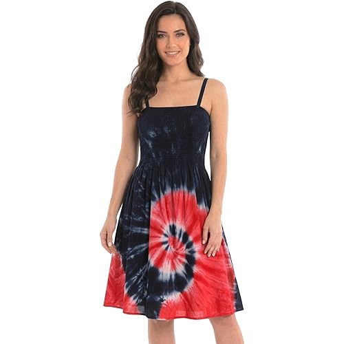 Riviera Sun Women's Tie Dye Smocked Sundress, Rayon Challis Beach Cover Up with Removable Straps