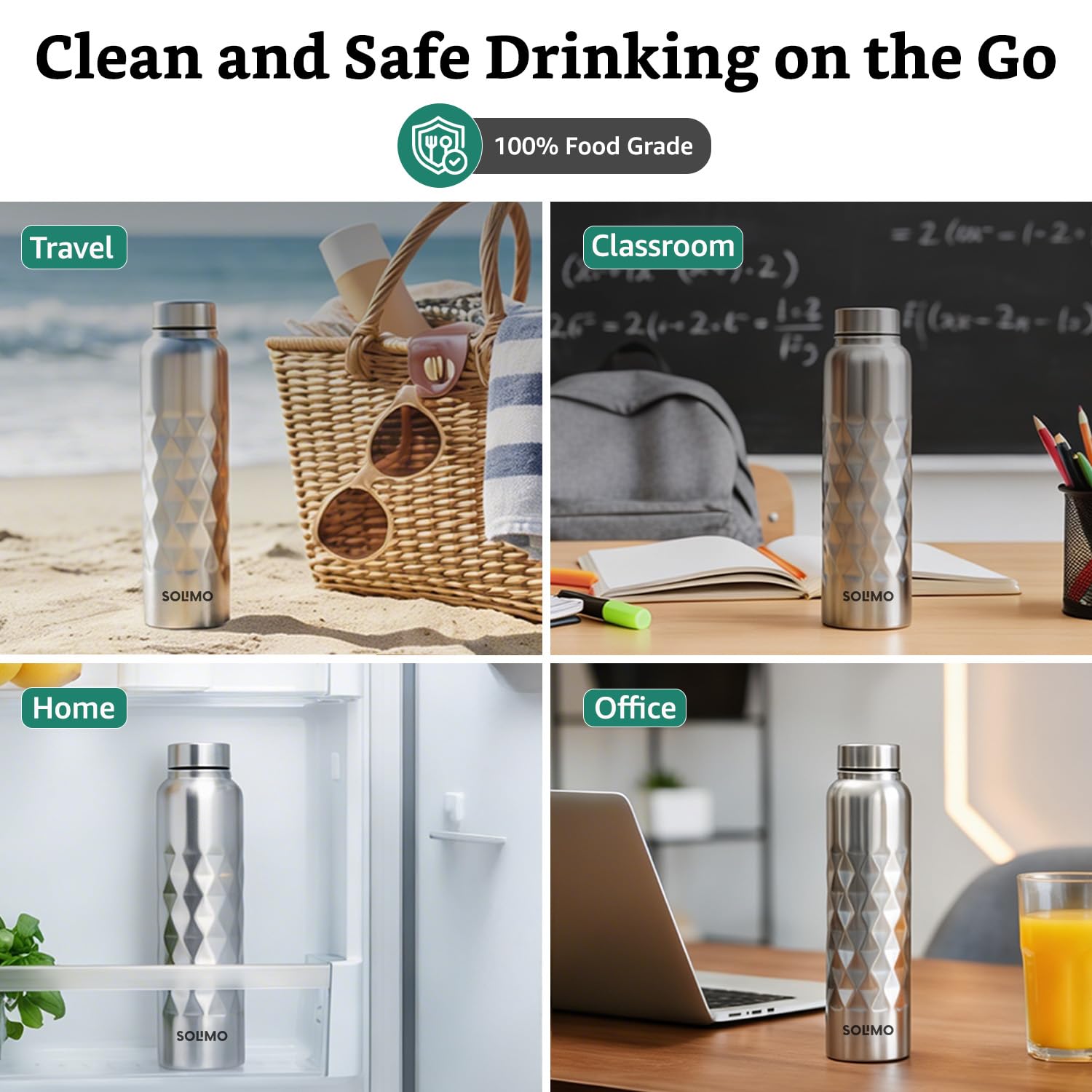 Amazon Brand - Solimo Stainless Steel Cubix Water Bottles Set of 3, 1L Each | Rust-Resistant, Shatter-Proof, Spill-Proof | Food Grade Steel | Office, School, Travel | Dishwasher Safe (Silver) 2