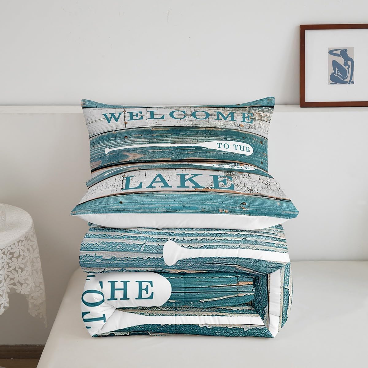 Lake House Comforter Set Queen Size, Rustic Cabin Farmhouse Style Bedding Set 3pcs, Blue Grey Wooden Plank Down Comforter for Women Adults Room Decor, Country Lake Life Luxury Bed Set for All Season