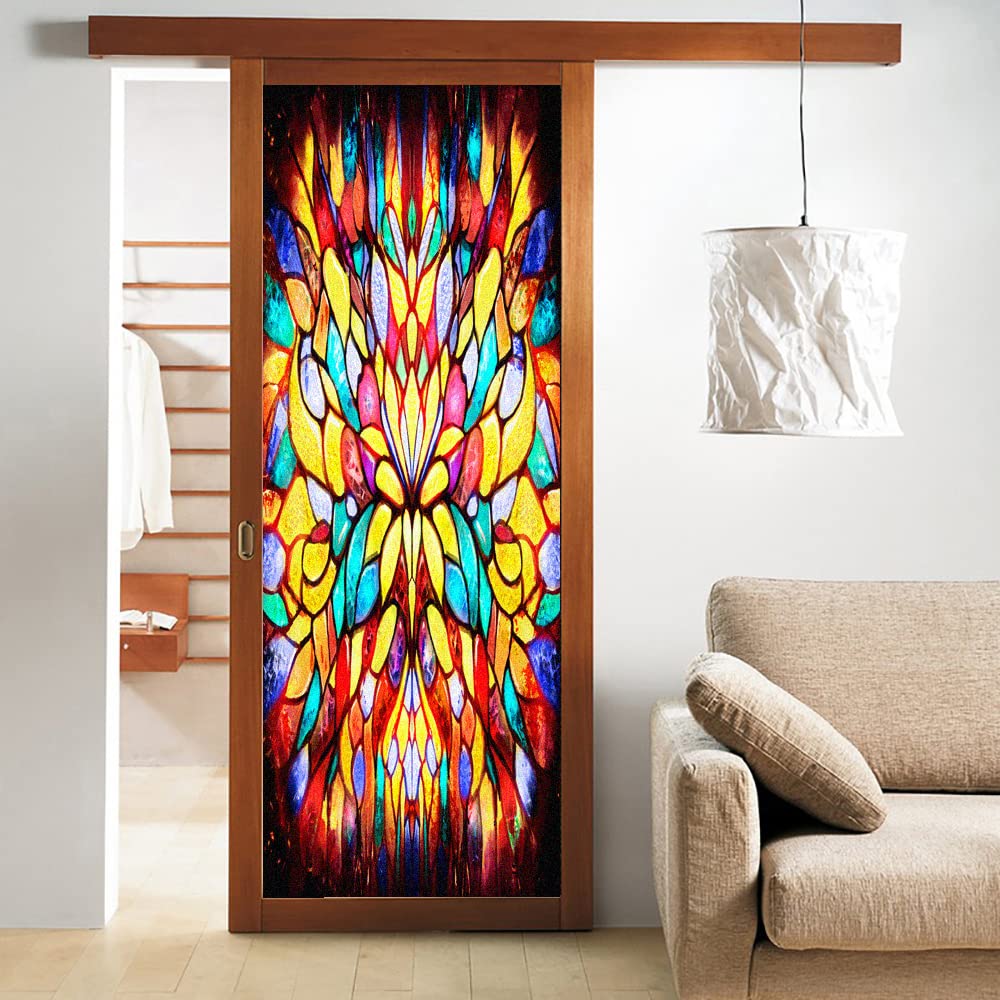 Church Style Stained Glass Window Privacy Film Glass Stickers Window Treatments Window Coverings Glass Sticker Decorative Film for Siding Glass Door 17.7