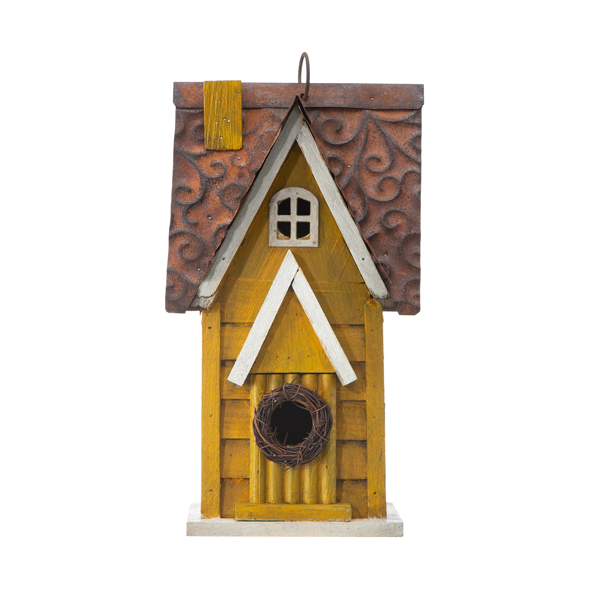 Glitzhome GH90085 - Casa de pájaros Colgante de Madera Envejecida para jardín, Color Amarillo