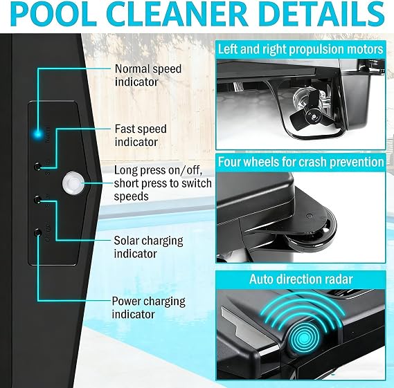 Solar Powered Robotic Pool Skimmer Cleaner, 3+ Hours Runtime, Auto Obstacle Avoidance, Dual Charging, IPX7 for Pools Up to 80m2